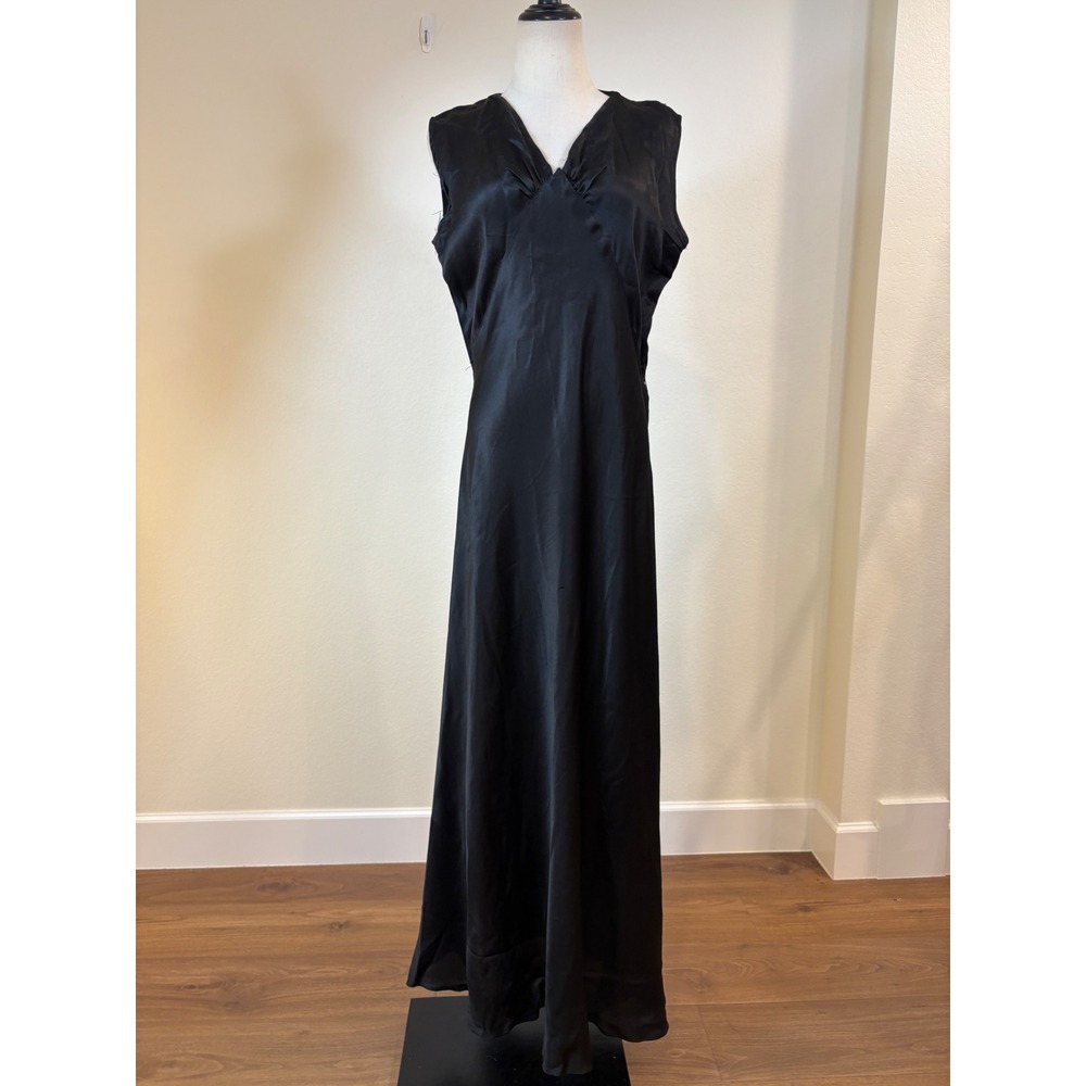 Vtg 30s liquid Satin slip Gown L Black V-Neck Floor Length Repair Study art deco